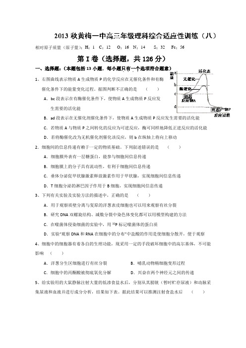 湖北省黄冈市黄梅一中2014届高三上学期适应性训练(八)理科综合试题 Word版含答案