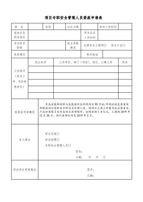 项目安全管理人员委派申请表