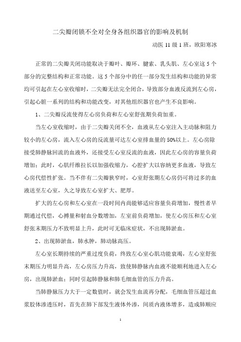 二尖瓣闭锁不全对全身各组织器官的影响及机制