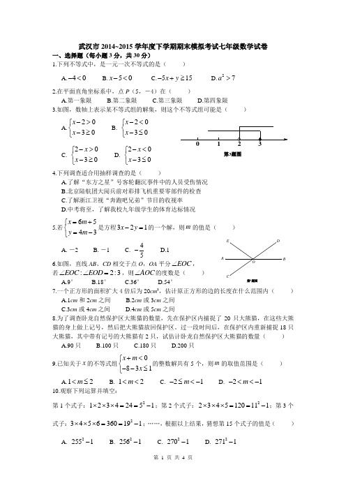 武汉市2014~2015学年度下学期期末模拟考试七年级数学试卷