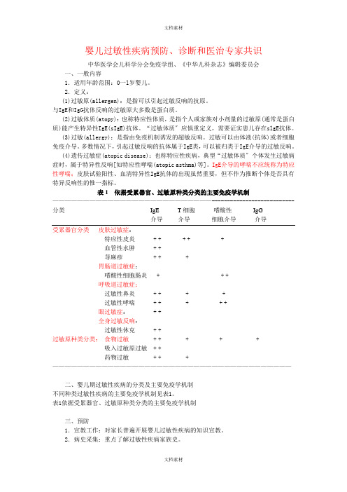 婴儿过敏性疾病预防诊断和治疗专家共识版