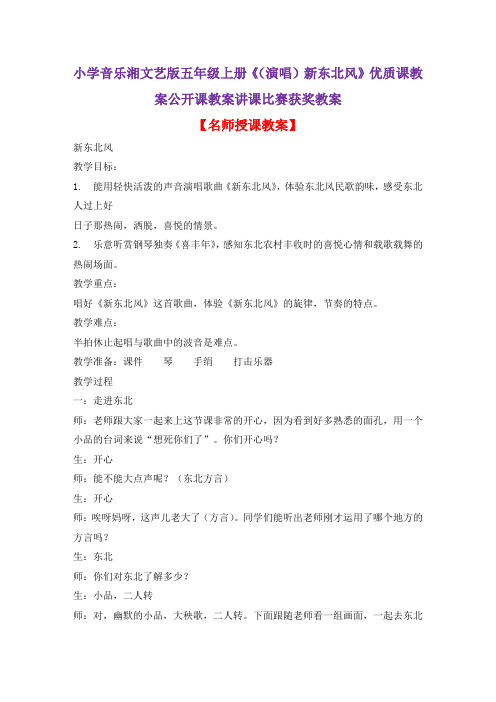 小学音乐湘文艺版五年级上册《(演唱)新东北风》优质课教案公开课教案讲课比赛获奖教案D009