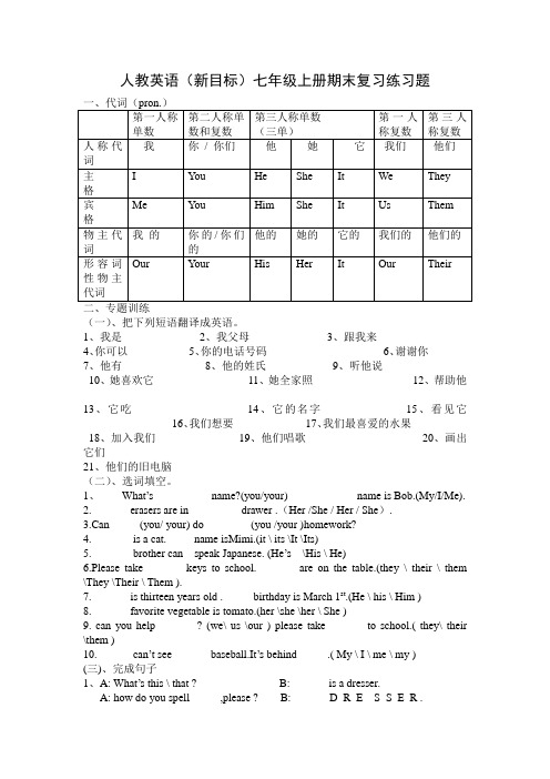 人教英语(新目标)七年级上册期末复习练习题