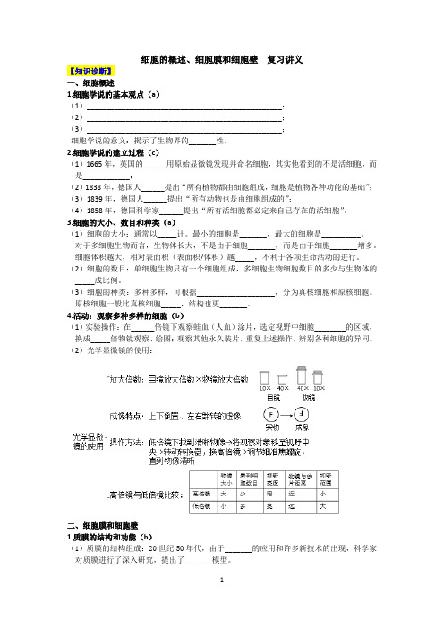 2.细胞学说、细胞膜与细胞壁填空讲义