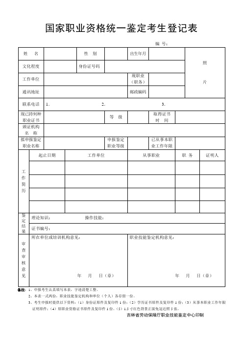 国家职业资格统一鉴定考生登记表