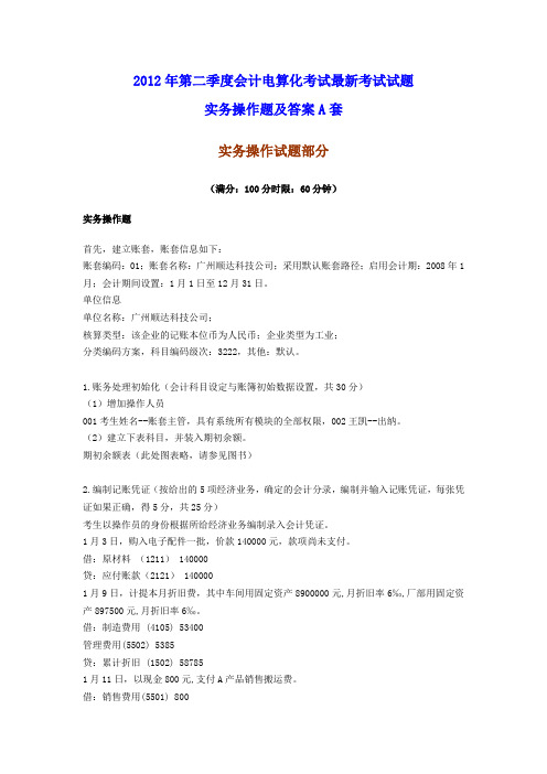 2012年会计电算化考试-实务操作题及答案A-I套