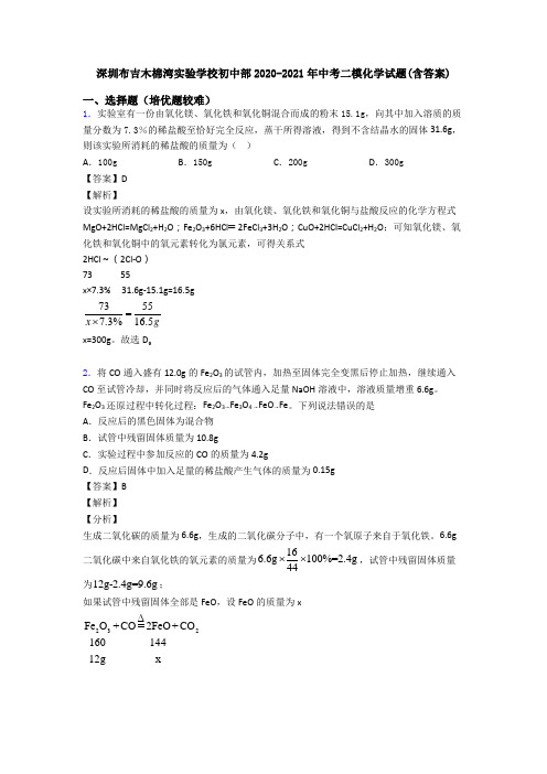 深圳布吉木棉湾实验学校初中部2020-2021年中考二模化学试题(含答案)