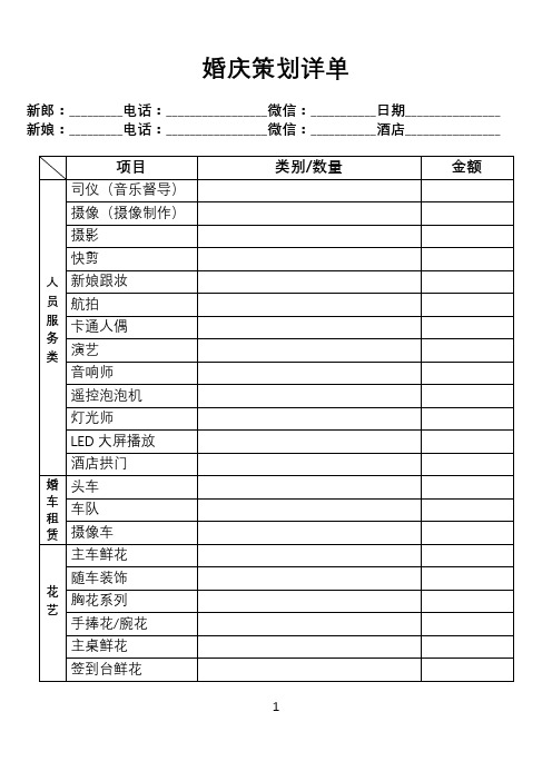 婚庆详单表格