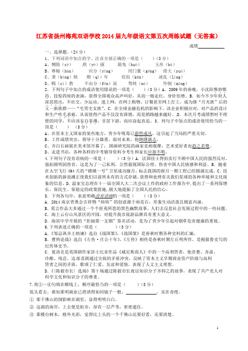 江苏省扬州梅苑双语学校九年级语文第五次周练试题(无答案)