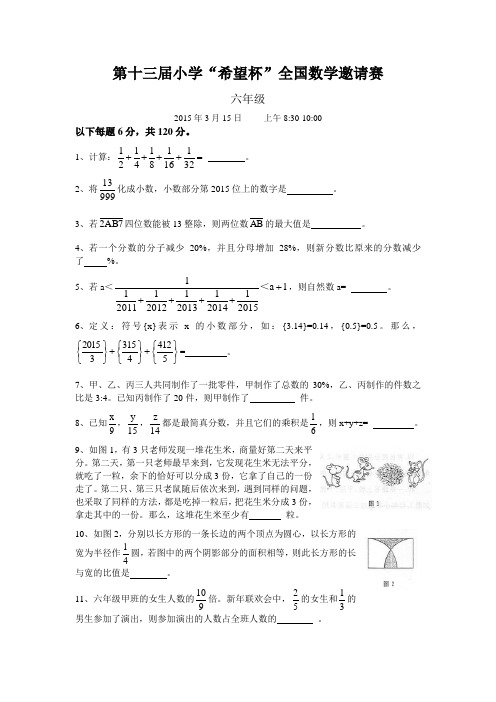 第十三届六年级希望杯决赛试题(2015年)