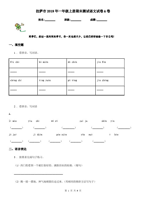 拉萨市2019年一年级上册期末测试语文试卷A卷
