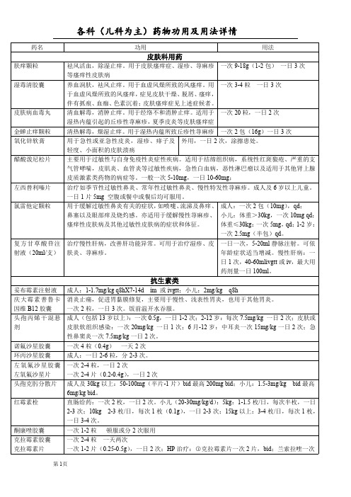 各科(儿科为主)药物用法详情