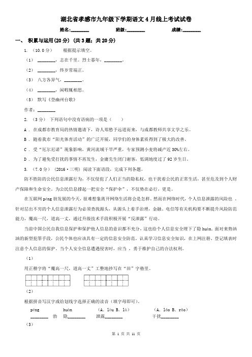 湖北省孝感市九年级下学期语文4月线上考试试卷