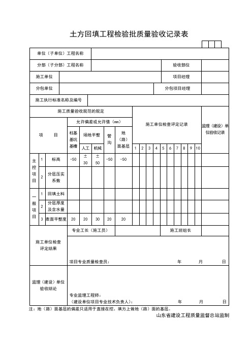 土方回填工程检验批质量验收记录表
