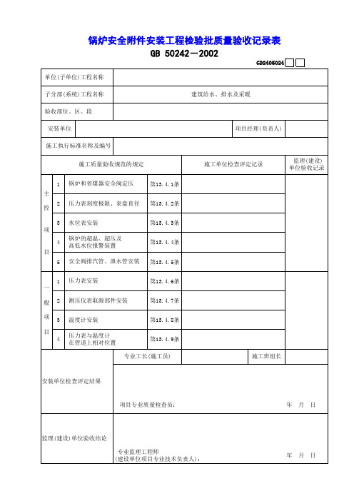 锅炉安全附件安装工程检验批质量验收记录表