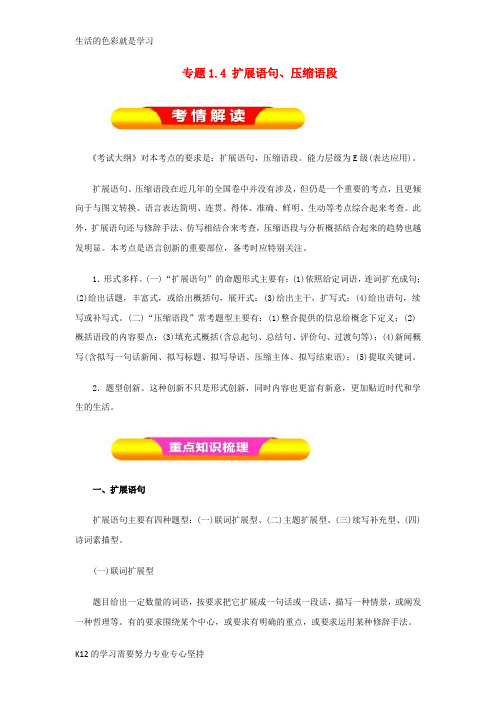 [推荐学习]2019年高考语文一轮复习 专题1.4 扩展语句、压缩语段(教学案)