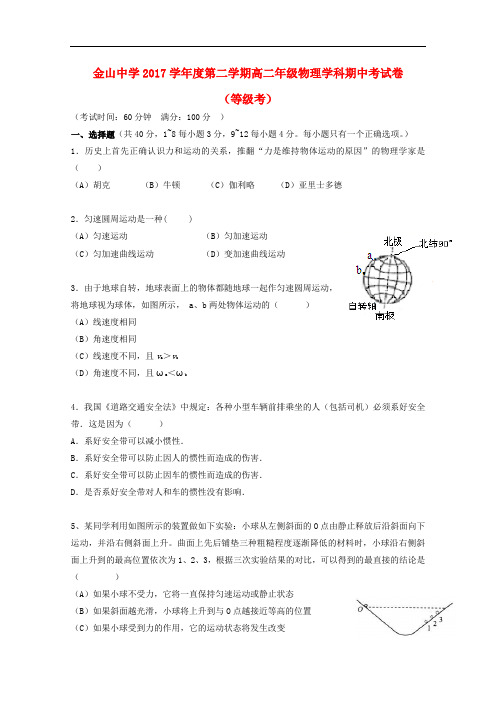 上海市金山中学高二物理下学期期中试题(等级)
