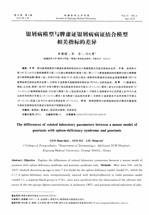 银屑病模型与脾虚证银屑病病证结合模型相关指标的差异