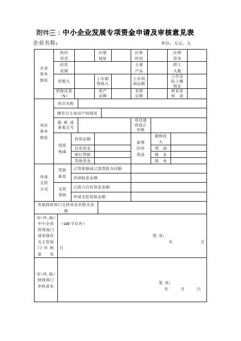 中小企业发展专项资金申请及审核意见表