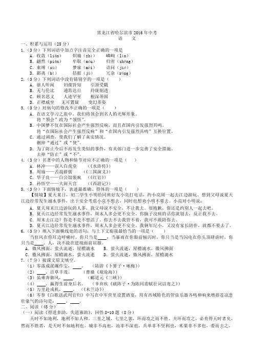 黑龙江省哈尔滨市2016年中考语文试题含答案
