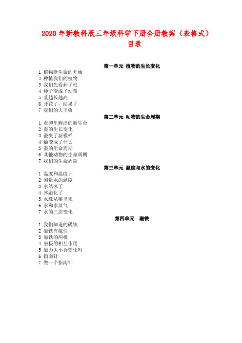 2020年新教科版三年级科学下册全册教案(表格式)