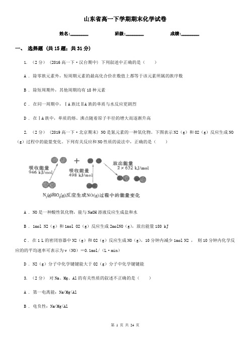 山东省高一下学期期末化学试卷