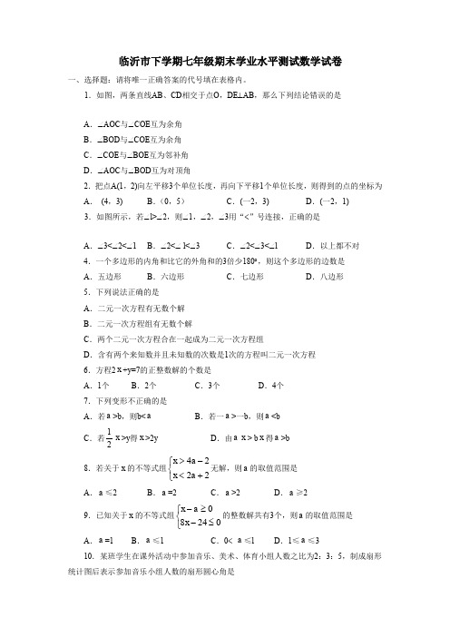 临沂市下学期七年级期末学业水平测试数学试卷.doc