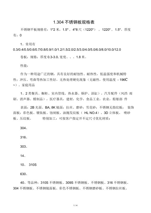 不锈钢板规格表