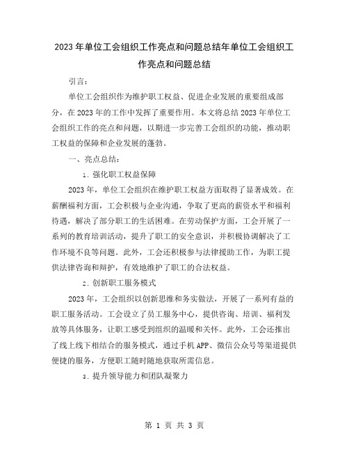 2023年单位工会组织工作亮点和问题总结