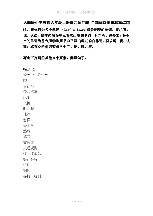 2003年审定-人教版小学英语六年级上册单元词汇表--百词竞赛-中翻英