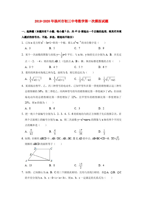 2019-2020年扬州市初三中考数学第一次模拟试题
