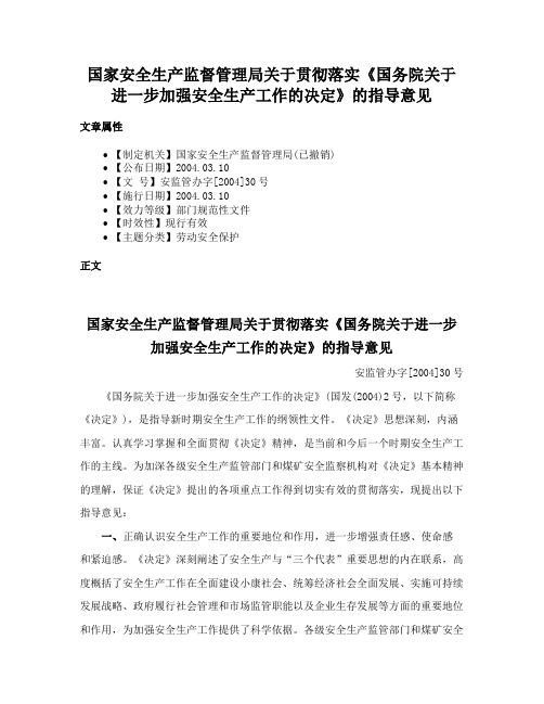 国家安全生产监督管理局关于贯彻落实《国务院关于进一步加强安全生产工作的决定》的指导意见