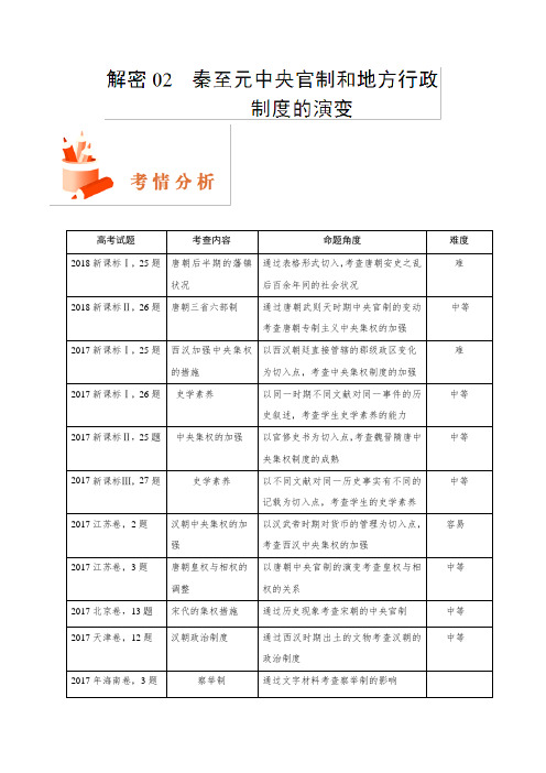 解密02 秦至元中央官制和地方行政制度的演变-备战2019年高考历史之高频考点解密