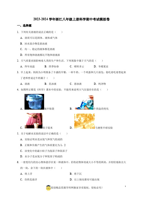 2023-2024学年浙江八年级上册科学期中考试模拟卷(原卷版)