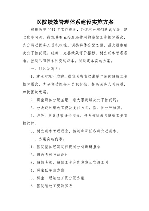 医院绩效管理体系建设实施方案