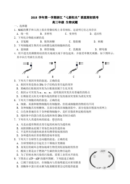 浙江2018学年第一学期浙江“七彩阳光”联盟期初联考高三生物试题