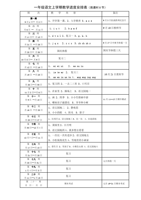 一年级语文上学期教学进度安排表