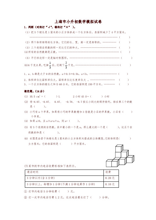 上海杨浦五年级小升初综合卷
