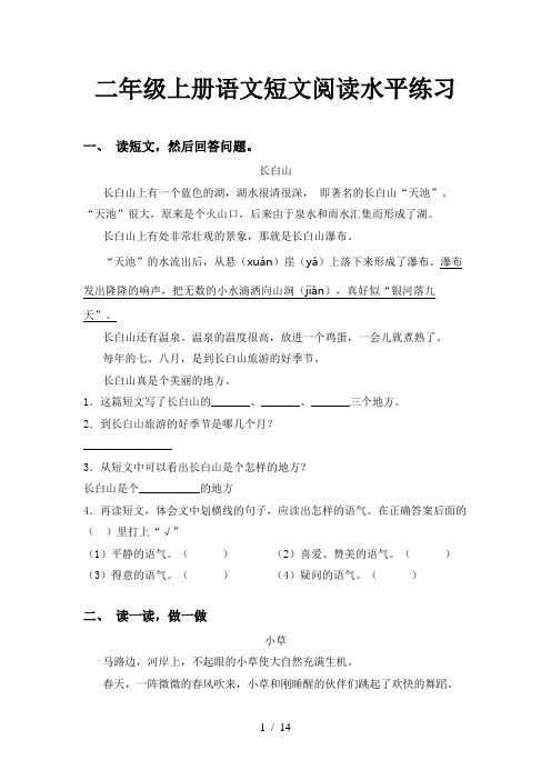 二年级上册语文短文阅读水平练习