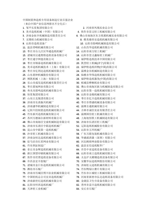制浆和造纸设备制造百强企业