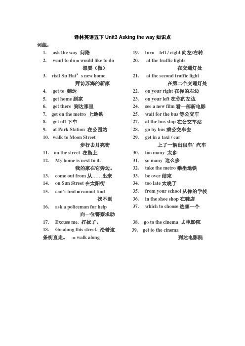 [译林版]五下Unit3 Asking the way知识点