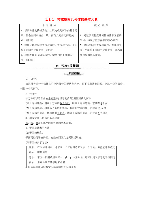 2019_2020学年高中数学第1章立体几何初步1.1.1构成空间几何体的基本元素学案新人教B版必修2