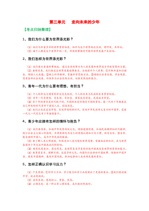 人教部编版九年级下册《道德与法治》第三单元走向未来的少年知识点归纳,考点整理,复习必备