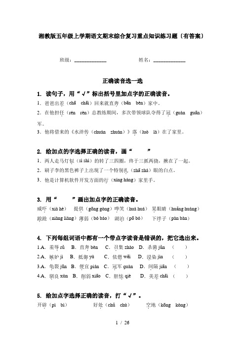 湘教版五年级上学期语文期末综合复习重点知识练习题〔有答案〕