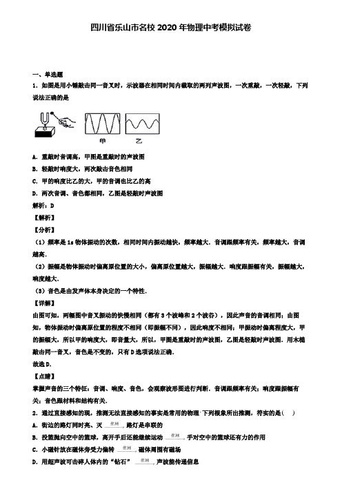 四川省乐山市名校2020年物理中考模拟试卷(含答案有解析)