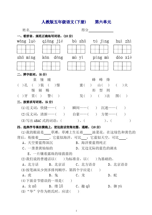 【精品】人教版五年级下册语文第6单元测试卷DOC.doc