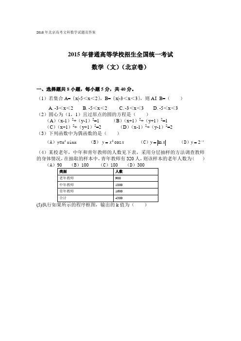 2015年北京高考数学(文科)试题及答案