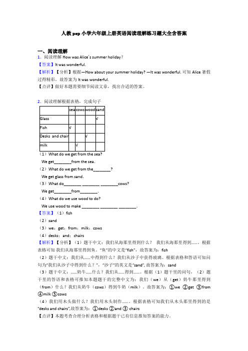 人教pep小学六年级上册英语阅读理解练习题大全含答案