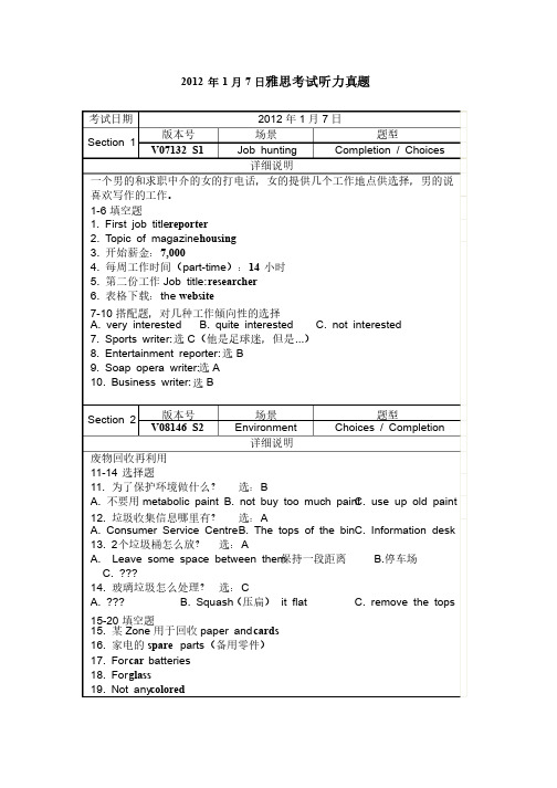 2012年1月7日雅思考试听力真题