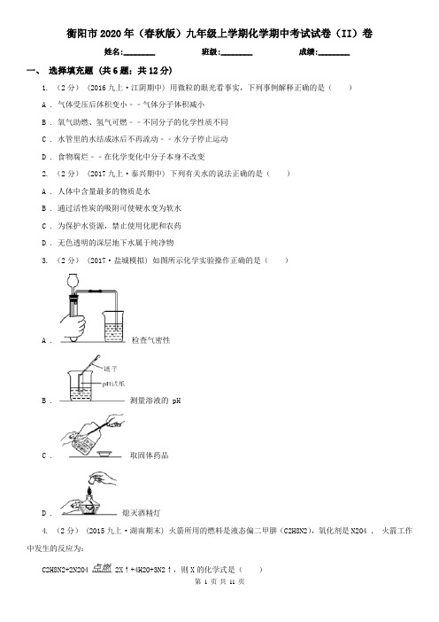 衡阳市2020年(春秋版)九年级上学期化学期中考试试卷(II)卷